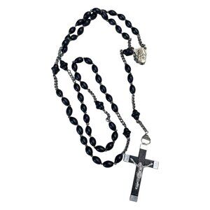 Catholic Rosary Black Prayer Beads 19" Sacred Heart of Jesus Medallion Vintage